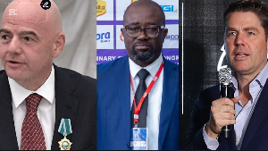 (L-R) Gianni Infantino, Kurt Okraku and Richard Masters