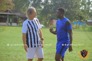 Legon Cities coach, Goran Barjaktarevic with Gyan