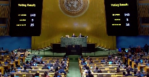 Results of the UN resolution projected in the UNGA Hall