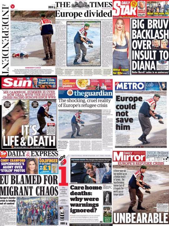 A collage of frontpages UK papers decrying the migrant situation