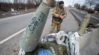 Wetin remain of one cluster bomb rocket wey Ukrainian army collect from di war front