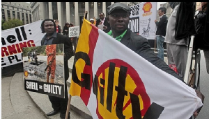 Nigeria's Ogoni community rally to raise awareness of the trial of Royal Dutch Shell, in New York
