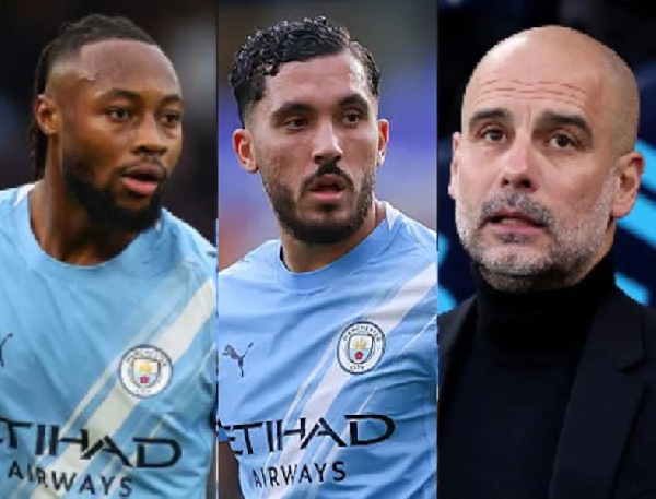 L-R: Manchester City players Semenyo, Cherki and head coach Guardiola