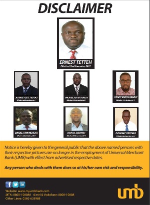 The general public are cautioned not to deal with these persons in the name of UMB