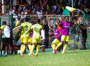 Players of Bibiani Gold Stars celebrating their triumph