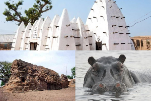 an image of the Nakore ancient mosque, Gwullo slave defence wall and Wechiau hippo