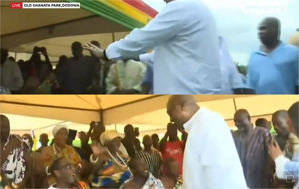 President Mahama (in white shirt) exchanging pleasantries with chiefs