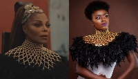 Janet Jackson (L) in a collage with Aphia Sakyi (R), the Ghanaian designer who made her necklace