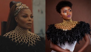 Janet Jackson (L) in a collage with Aphia Sakyi (R), the Ghanaian designer who made her necklace