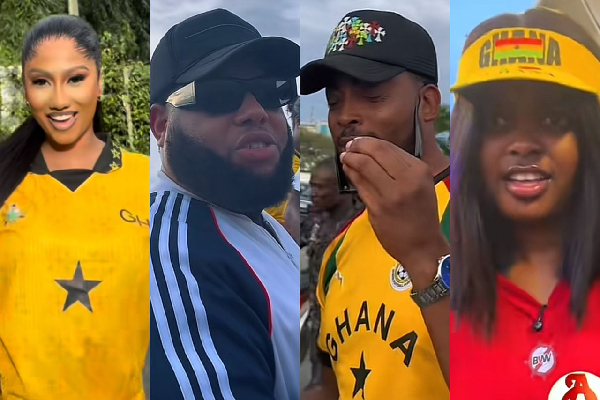 L-R: Hajia4Reall, D-Black, James Gradiner and Jarvis were spotted at the stadium