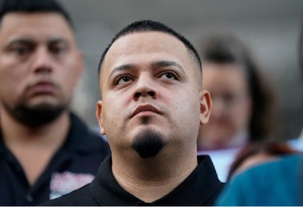 Kilmar Abrego Garcia attends an event with supporters, as he appears for a check-in at the ICE field