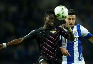 Emmanuel Okyere Boateng in a mid-air tussle with an opponent in a game