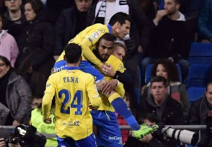 Kevin-Prince Boateng celebrates a goal with his Las Palmas team mates