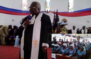 Prof. Martey addressing the congregation. INSET: A section of worshipers at the service