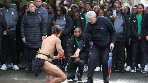 Banda and fellow members of Zambia delegate get traditional welcome as dem land New Zealand