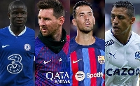 L-R N'golo Kante, Lionel Messi, Sergio Busquests, Alexis Sanchez