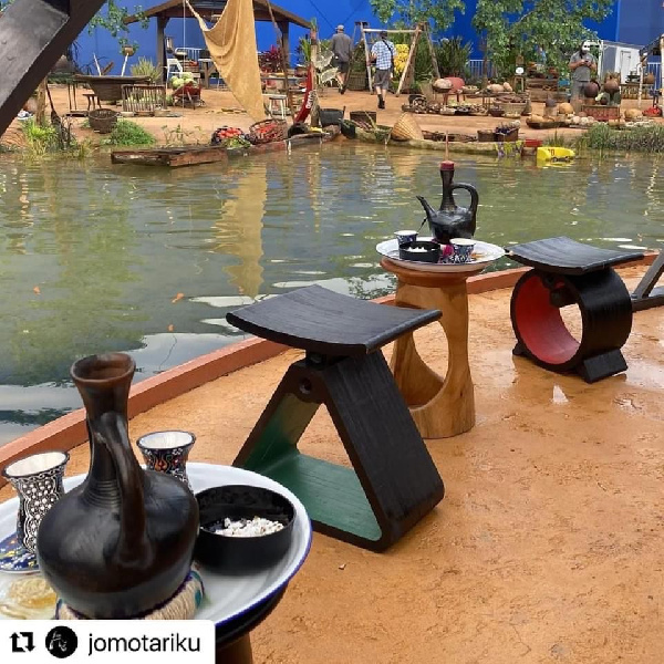 Tekura’s djembe tables were displayed with other made-in-Africa products on a set in the movie