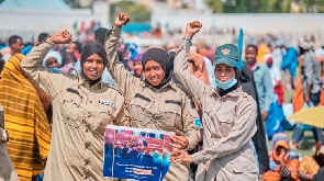 Somali police officers hold a demonstration at Eng Yariisow Stadium in Mogadishu on January 3