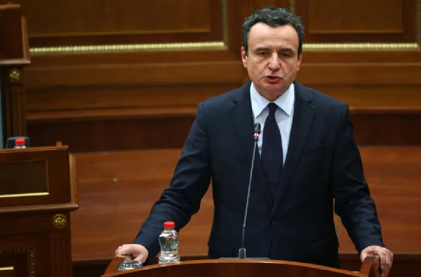 Kosovo's newly elected Albin Kurti delivers a speech during a parliamentary session in Pristina