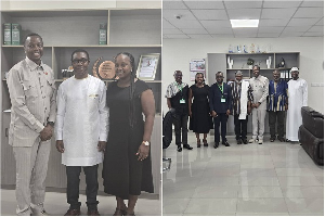 Stephen Djaba (in a brown caftan) and Prof. Naa Dedei Tagoe (in a black dress) with LC officials