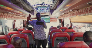 Boateng Bismark James has been preaching on buses leaving Neoplan station since 2023