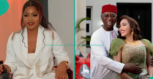 A picture collage of Regina Daniels (L) and Senator Ned Nwoko with his fifth wife