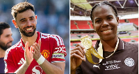 Manchester United's Bruno Fernandes and Khadija Shaw of Manchester City