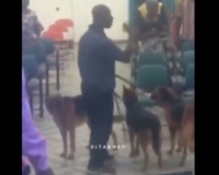 Man with his dogs in a churh to warn them about the noise they make during service
