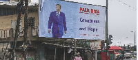 A billboard advertising the candidacy of Cameroon's 92-year-old President Paul Biya