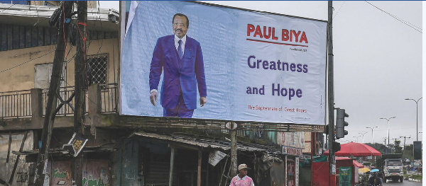 A billboard advertising the candidacy of Cameroon's 92-year-old President Paul Biya