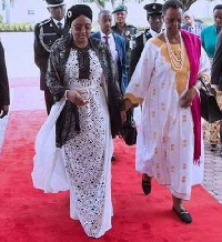 Aisha Buhari wears $4490 Oscar De La Renta Magnolia Guipure Caftan dress