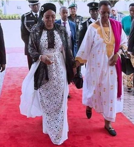 Aisha Buhari wears $4490 Oscar De La Renta Magnolia Guipure Caftan dress