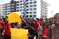 Students on Monday demonstrated at UPSA to demand the removal of the SEL fuel station