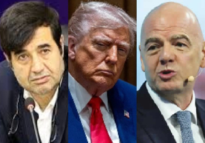 L-R: Iran sports minister Ahmad Donyamali , US President Donald Trump and FIFA boss Infantino