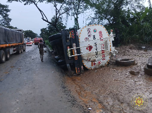 An overturned fuel tanker