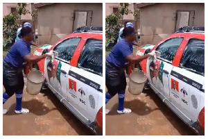 NPP supporters washing a campaign vehicle of the NDC Parliamentary candidate