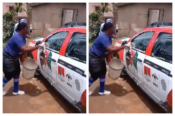 NPP supporters washing a campaign vehicle of the NDC Parliamentary candidate