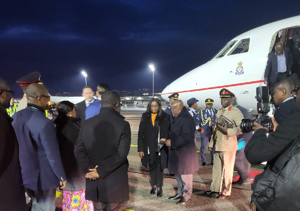 President Akufo-Addo is met by Ambassador Gina Blay on arrival in Munich