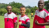 Former Hearts of Oak coach Kenichi Yatsuhashi with Yaw Preko and Nasamu