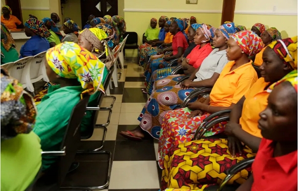 Chibok schoolgirls freed from captivity are photographed in Abuja, Nigeria