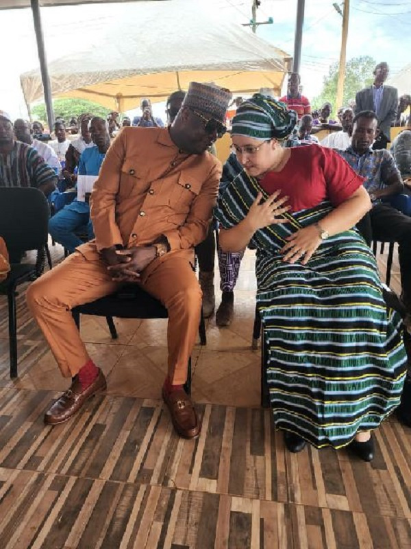 Yendi MP, Farouk Aliu Mahama and Ambassador Imane Ouaadil sitting together at the Gbewaa Palace
