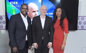 Aliou Goloko from Senegal, FIFA President Gianni Infantino and Ghana's Juliet Bawuah