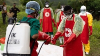 Ugandan Red Cross workers in Mubende, the epicentre of the outbreak