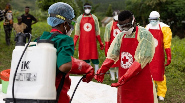 Ugandan Red Cross workers in Mubende, the epicentre of the outbreak