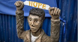 Hope, as exemplified here by a statue at a camp for displaced people in Mekelle, is in short supply