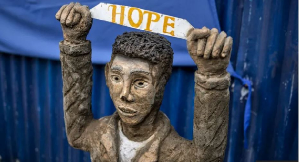 Hope, as exemplified here by a statue at a camp for displaced people in Mekelle, is in short supply