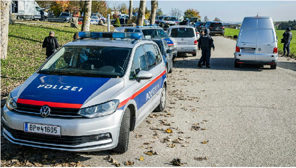 Police patrol near Rohrbach, Upper Austria, after two people were shot dead on Monday