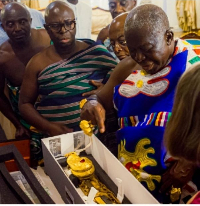 Otumfuo Osei Tutu II, Asantehene inspects the royal Ashanti treasures delivered to Manhyia Palace