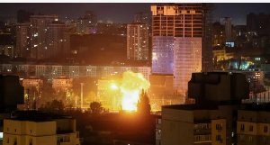 Explosion of drone for sky over di city during one Russian drone strike on 24 April