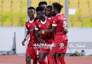 Asante Kotoko players celebrating a goal